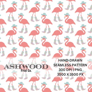 Hand-drawn Cowgirl Flamingo Seamless Pattern PNG High Quality 300 DPI 3500 x 3500 px Western Flamingo Digital Download, Flamingo in Boots