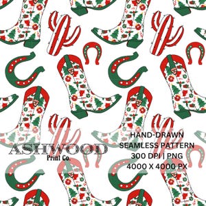 May include: A seamless pattern featuring red and green cowboy boots with a Christmas theme. The boots are decorated with holly, ornaments, and candy canes. The pattern also includes green and red horseshoes and a cactus with red and white stripes. The text "ASHWOOD Print Co." is included in the pattern.