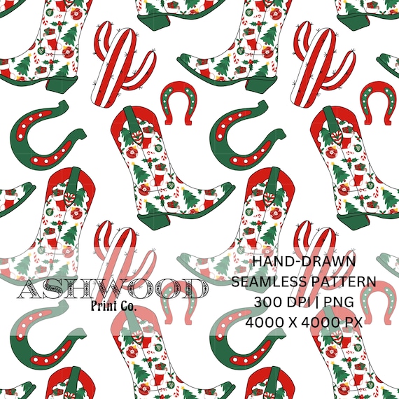 Hand-drawn Cowboy Christmas Seamless White PNG High Quality 300 DPI 4000 x 4000 px Western Holiday Pattern Digital File Instant Download