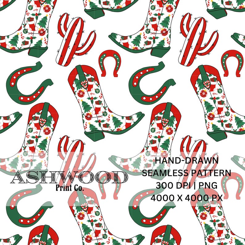 May include: A seamless pattern featuring red and green cowboy boots with a Christmas theme. The boots are decorated with holly, ornaments, and candy canes. The pattern also includes green and red horseshoes and a cactus with red and white stripes. The text "ASHWOOD Print Co." is included in the pattern.