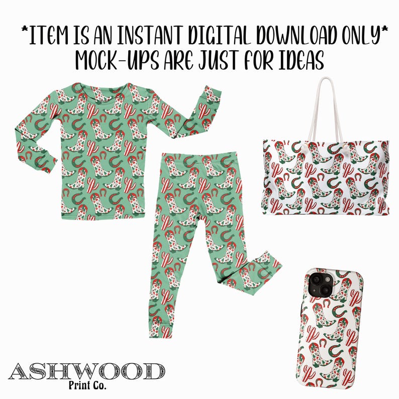 Puede incluir: Un dise&ntilde;o de descarga digital con un patr&oacute;n verde y blanco con botas de vaquero rojas y blancas, cactus y herraduras. El dise&ntilde;o se muestra en una funda de tel&eacute;fono, una bolsa de mano y una pijama.