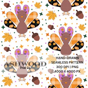 Hand-drawn Thanksgiving fall theme high quality seamless pattern 300 DPI PNG file turkey maple leaf plaid pumpkin digital instant download
