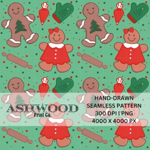 Hand-drawn Gingerbread Christmas Baking Seamless Green PNG High Quality 300 DPI 4000 x 4000 px Cookie Holiday Pattern Digital Download