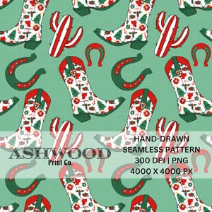 Hand-drawn Cowboy Christmas Seamless File Green PNG High Quality 300 DPI 4000x4000 px Western Holiday Pattern Digital File Instant Download