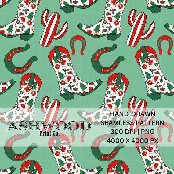 Hand-drawn Cowboy Christmas Seamless File Green PNG High Quality 300 DPI 4000x4000 px Western Holiday Pattern Digital File Instant Download