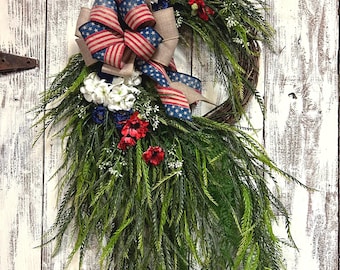 Sawtooth cascading Americana Wreath with bow , Outside Front Door