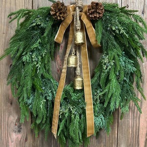 Rustic Norfolk Pine Christmas Wreath, Rustic Gold Bells Simple  Carmel Velvet Bow