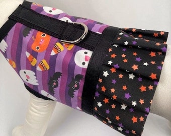 Purple Stripe Ghost, Bat, Pumpkin, Candy Corn Halloween Fall Dog Harness Dress Vest