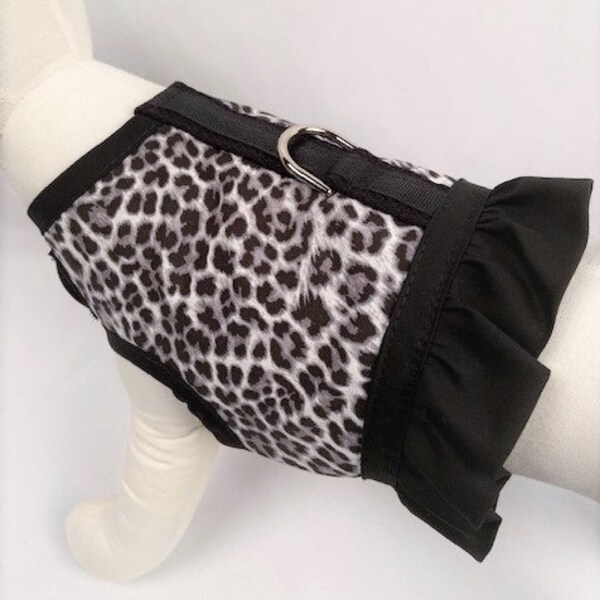 Black And Gray Leopard Cheetah Animal Print Ruffle Dog Harness Vest Dress