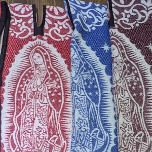 Lady of Guadalupe Poncho – Handwoven | Red, Maroon, Blue | Eco-Friendly | Hecho en Mexico