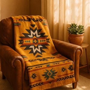 Puede incluir: Manta de color amarillo mostaza con un estampado geom&eacute;trico sobre un sill&oacute;n de cuero marr&oacute;n. La manta presenta un dise&ntilde;o central en forma de estrella en negro, blanco, turquesa y &oacute;xido. Los bordes de la manta tienen motivos repetidos de flechas y estrellas.