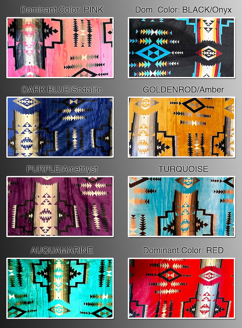 Swatch collage of eight full-size blanket colors: Pink, Onyx, Sodalite, Amber, Amethyst, Turquoise, Aquamarine, and Red. Each swatch is labeled in Helvetica Black font, set on a black, white, and grey gradient background.