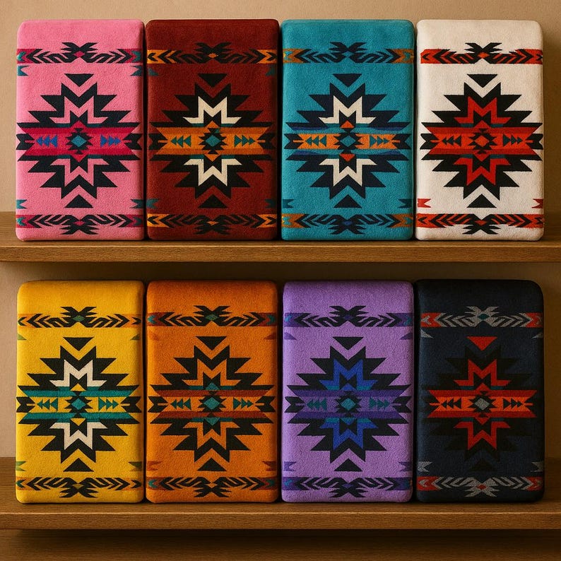 Puede incluir: Ocho mantas rectangulares plegadas con dise&ntilde;os geom&eacute;tricos de inspiraci&oacute;n suroeste se exhiben en dos estantes de madera. Las mantas vienen en varios colores, incluyendo rosa, rojo, turquesa, blanco, amarillo, naranja, morado y negro.