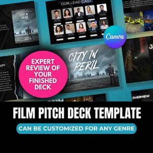 May include: A film pitch deck template with the title "City in Peril" and the tagline "Can be customized for any genre". The template includes a variety of slides, such as a logline, a description of the film, an overview of the characters, and a call to action.