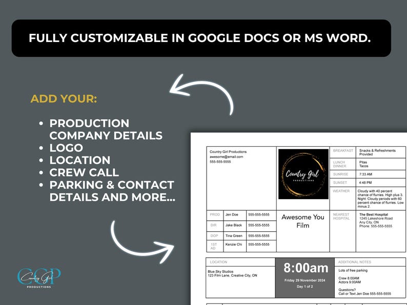 Film Production Call Sheet Template: Google Docs & MS Word (digital ...