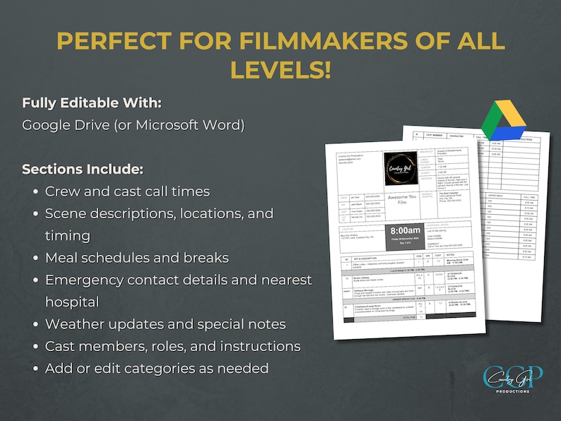 Film Production Call Sheet Template: Google Docs & MS Word (digital ...