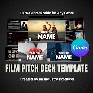 May include: A film pitch deck template created by an industry producer. The template is customizable for any genre and includes slides for the film's name, synopsis, themes, and lead actors. The template is designed to be used with Canva.