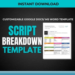 Könnte beinhalten: Eine digitale Vorlage für die Drehbuchaufschlüsselung mit dem Text "SCRIPT BREAKDOWN TEMPLATE" in Weiß und Türkis. Die Wörter "INSTANT DOWNLOAD" und "CUSTOMIZABLE GOOGLE DOCS/ MS WORD TEMPLATE" sind ebenfalls sichtbar. Eine Beispielaufschlüsselung befindet sich rechts.