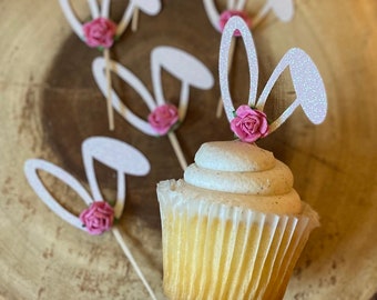 Bunny Ear Cupcake Toppers (aantal 6)| Konijntjes Cupcake Decoraties| Paascupcakes | Bunny oorplukjes| Konijntje eerste verjaardag| Konijntje verjaardag