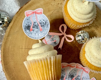 Disco Ball Cupcake Toppers (Qty. 6)| She's Tying the Knot| Coquette Themed Party| Coquette Bachelorette| Coquette Bridal Shower