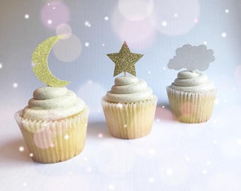 Twinkle Cupcake Toppers (Qty. 6)| Star Cupcake Toppers| Cloud Cupcake Toppers| Moon Cupcake Toppers| Star Picks| Moon Picks| Cloud Picks