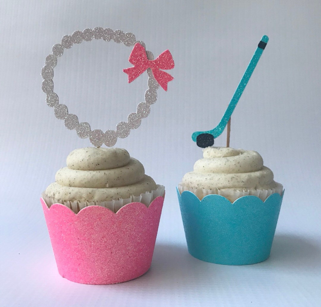 Hockey Gender Reveal Cupcake Toppers qty. 6 Pucks or Pearls Gender Reveal Decorations Hockey