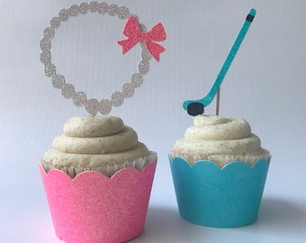 Hockey Gender Reveal Cupcake Toppers (Qty. 6)| Pucks or Pearls| Gender Reveal Decorations| Hockey Gender Reveal| Hockey Party Decor