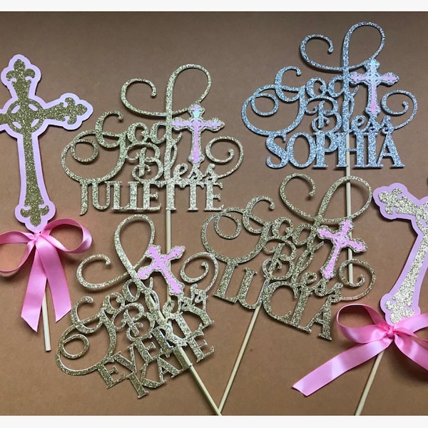 Baptism Decorations for Boys or Girls| God Bless Cake Topper| Communion Toppers| Confirmation Toppers| Confirmation Centerpieces