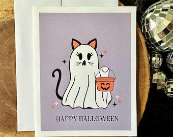 Halloween Cat Greeting Card (Qty. 1)| Ghost Cat Cards| Halloween Ghost Cards| Spooky Greeting Cards| Halloween Cat Cards| Halloween Kitty