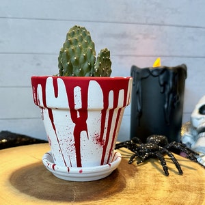 Peut inclure: Un pot en céramique blanche avec des éclaboussures de peinture rouge, ressemblant à du sang, et une petite plante de cactus verte à l'intérieur. Le pot a une soucoupe assortie.