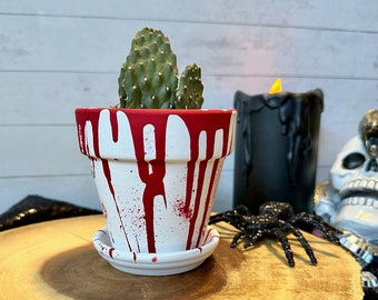 Blood Splatter Terracotta Pot with Saucer| True Crime Gifts| Plant Pot with Drainage| Halloween Indoor Planters| Killer Birthday Gifts