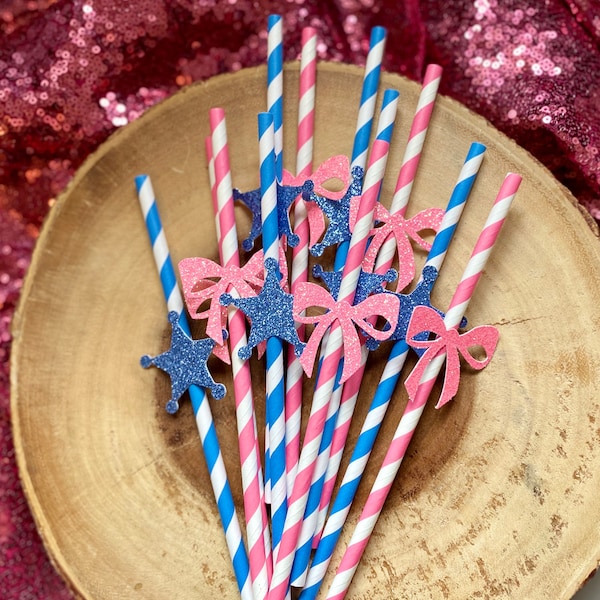 Badges or Bows Straws (Qty. 12)| Badges or Bows Gender Reveal| Gender Reveal Straws| Boy or Girl| What Will Baby Bee