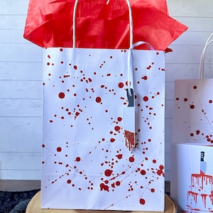 Bolsa de regalo con salpicaduras de sangre (cantidad: 1) / Decoraciones para fiestas de películas de terror / Bolsa de regalo de cumpleaños de asesino / Bolsa de regalo de crímenes reales / Bolsas de regalo de asesinos
