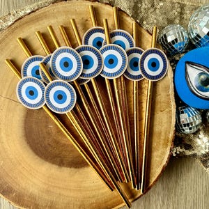 Pajitas para fiesta con forma de ojo (cantidad 12)/Decoración para fiesta con forma de ojo azul/Decoración contra malas vibras/Decoración de cumpleaños malvado/Decoración para fiesta con forma de ojo/Decoración para fiesta mediterránea