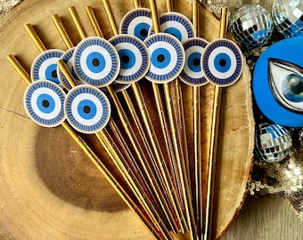 Eye Party Straws (Qty. 12)| Blue Eye Party Decor| No Bad Vibes Decorations| Evil Birthday Decor| Eye Party Decor| Mediterranean Party Decor