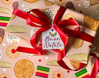 Italian Christmas Cookies Wrapping Paper| Buon Natale| Cannoli Presents| Pizzelle Gifts| Italian Desserts Gift Wrap| Italian Birthday Paper