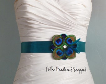 TUSCANY - Peacock Bridal or Bridesmaids Sash on Jade Teal - Made to Order