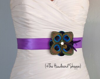 TUSCANY - Peacock Bridal or Bridesmaids Sash in Purple - Made to Order