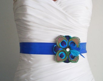 Wedding Sash Peacock Belt Bridal Accessory - TUSCANY - Peacock Bridal or Bridesmaids Sash on Royal Blue - Made to Order