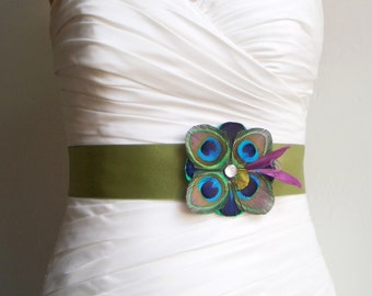 Wedding Sash Peacock Belt Bridal Accessory - TUSCANY - Peacock Bridal or Bridesmaids Sash in Fig Green and Plum Purple