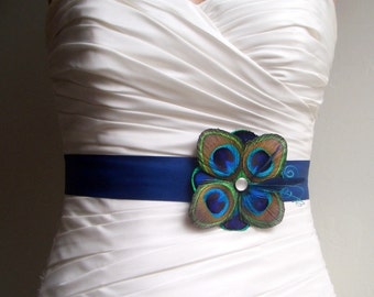 Wedding Sash Peacock Belt Bridal Accessory  - TUSCANY - Peacock Bridal or Bridesmaids Sash on Navy Blue - Made to Order