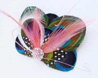 Fantastical Peacock Feather Bridesmaids Fascinator/Hairclip - ATLANTIS in Coral - Made to Order