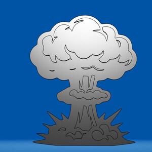 Könnte beinhalten: Graue Illustration einer Atompilzexplosion vor blauem Hintergrund. Das Design zeigt eine detaillierte Umrisslinie der Wolkenform mit einer Basis aus gezackten Linien, die die Explosion darstellen.
