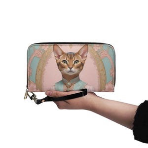 Carteira de gato abissínio Carteira fofa de couro vegano Carteira de couro vegano com zíper Carteira feminina fofa com vários bolsos Ideia de presente única