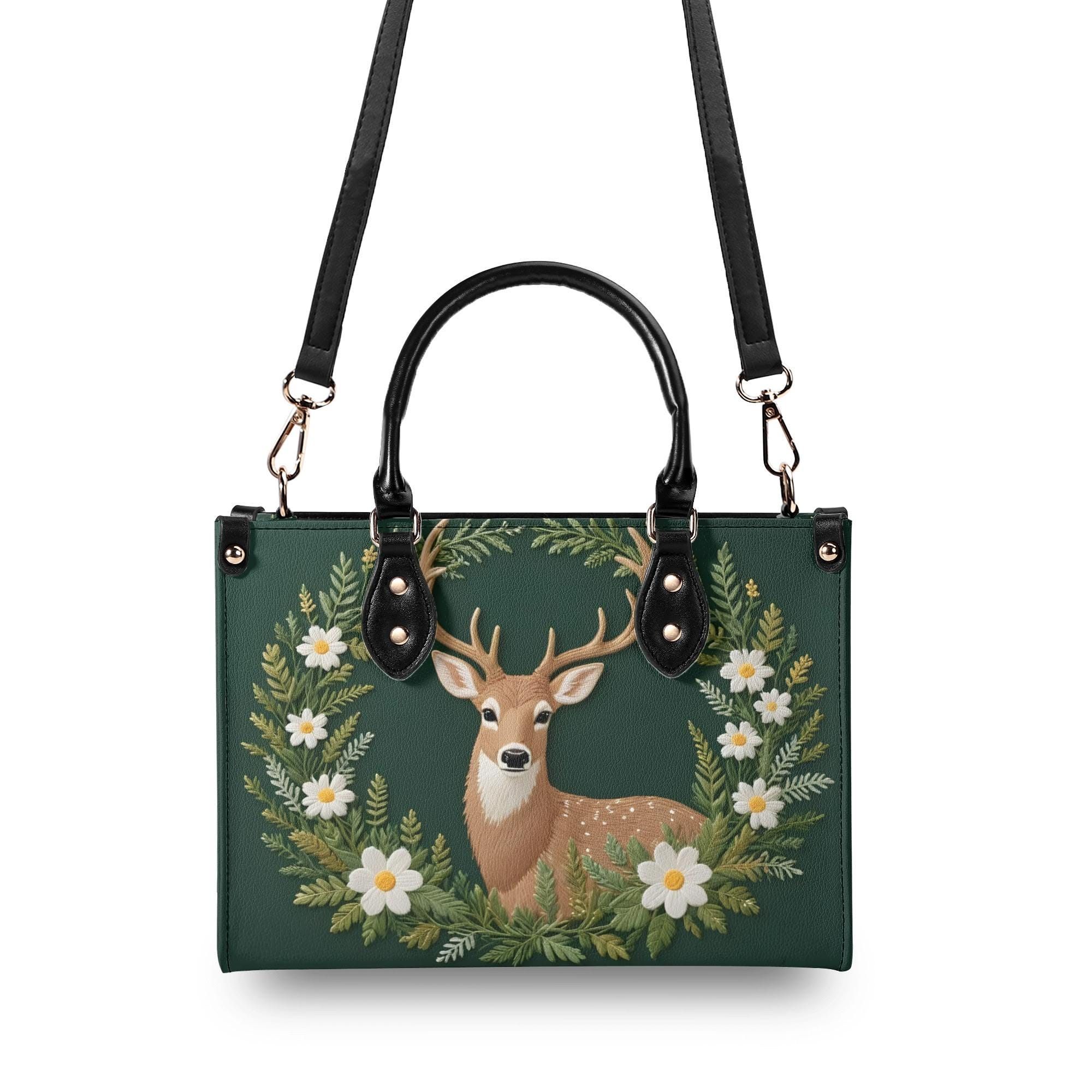 Deer Forest Green Bag Faux Embriodery Style Print PU Leather