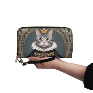 Portefeuille pour chat American Shorthair, Art portrait pour animal de compagnie, peinture faciale pour animal de compagnie, cuir végétalien, portefeuille mignon avec fermeture éclair, portefeuille pour femme, cadeau mignon pour les amoureux des chats