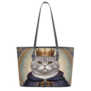Sac fourre-tout Portrait de chat Scottish Fold, Portrait de chat royal pour animal de compagnie, peinture artistique, sac fourre-tout en similicuir, sac à bandoulière en similicuir, cadeau pour amoureux des chats, sac pour propriétaire d'animal de compagnie