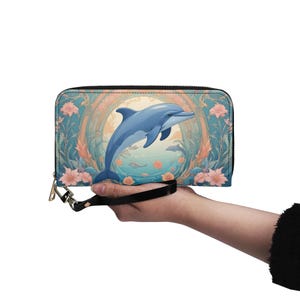 Linda billetera de delfín de cuero vegano Linda billetera de cuero vegano Billetera con cremallera alrededor para mujer Linda billetera con múltiples bolsillos Idea de regalo única