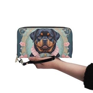 Portefeuille pour chien rottweiler en cuir végétalien Portefeuille mignon en cuir végétalien Portefeuille zippé pour femme Idée cadeau unique mignonne avec plusieurs poches