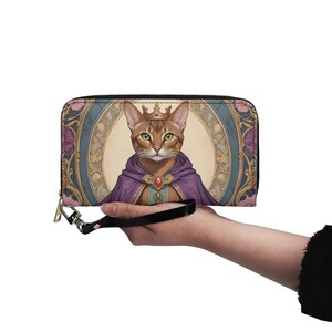 Carteira de gato abissínio, arte de retrato de gato, pintura facial de animal de estimação, couro vegano, carteira fofa com zíper, carteira feminina, presente fofo para amantes de gatos